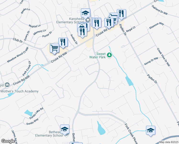 map of restaurants, bars, coffee shops, grocery stores, and more near 2750 Bethesda Court Northwest in Lawrenceville
