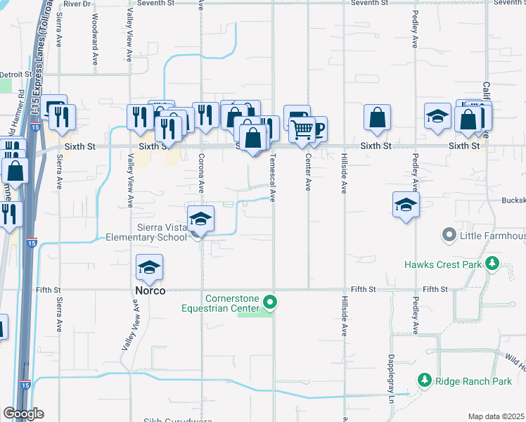 map of restaurants, bars, coffee shops, grocery stores, and more near 3676 Temescal Avenue in Norco