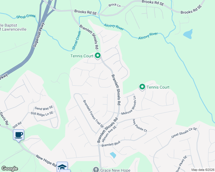 map of restaurants, bars, coffee shops, grocery stores, and more near 1564 Jernigan Bluff Southeast in Lawrenceville
