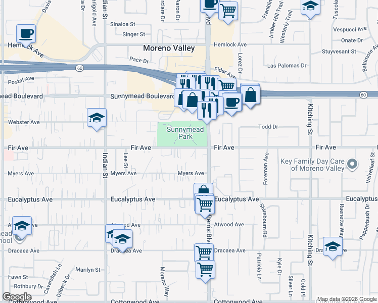 map of restaurants, bars, coffee shops, grocery stores, and more near 24921 Fir Avenue in Moreno Valley