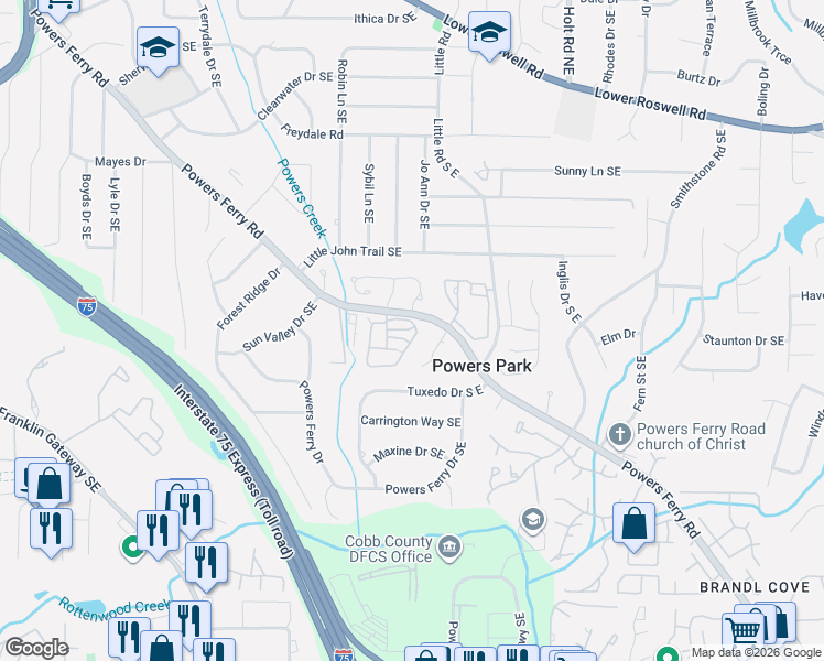 map of restaurants, bars, coffee shops, grocery stores, and more near 2332 Trellis Lane Southeast in Marietta
