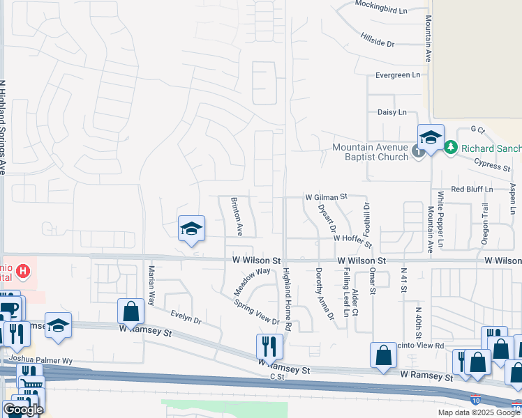 map of restaurants, bars, coffee shops, grocery stores, and more near 1095 Rockcress Lane in Banning
