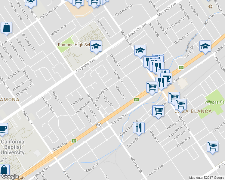 map of restaurants, bars, coffee shops, grocery stores, and more near 3591 Lillian Street in Riverside