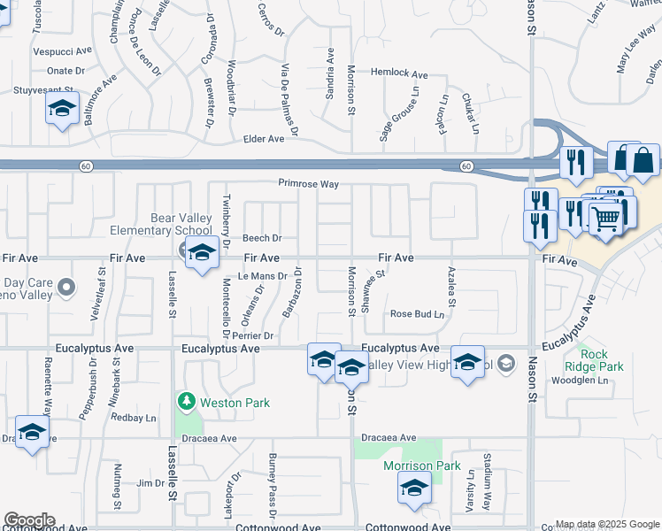 map of restaurants, bars, coffee shops, grocery stores, and more near 26460 Willowdale Court in Moreno Valley