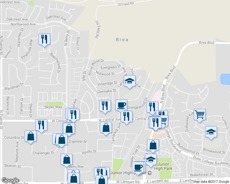 map of restaurants, bars, coffee shops, grocery stores, and more near 1082 Lynwood Drive in Brea