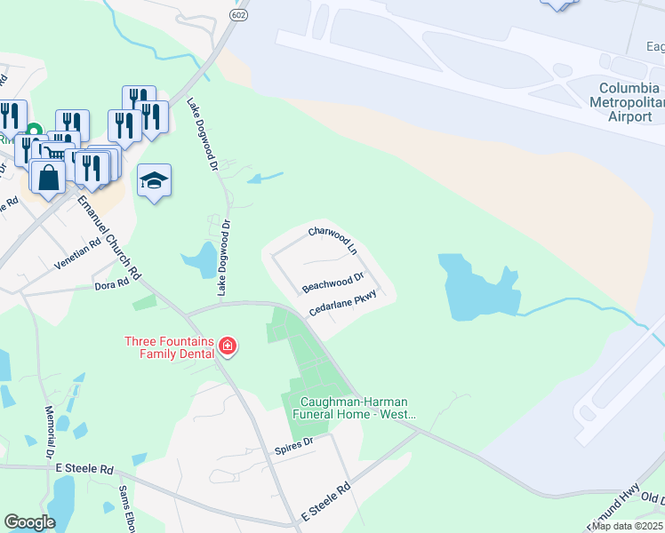 map of restaurants, bars, coffee shops, grocery stores, and more near 113 Beachwood Drive in West Columbia
