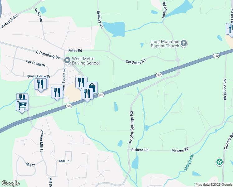 map of restaurants, bars, coffee shops, grocery stores, and more near 5797 Dallas Highway in Dallas
