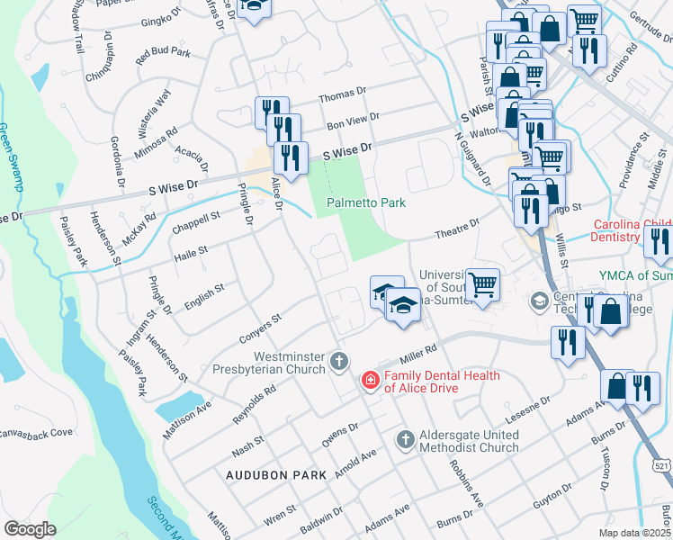 map of restaurants, bars, coffee shops, grocery stores, and more near 1005 Alice Drive in Sumter