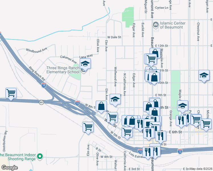 map of restaurants, bars, coffee shops, grocery stores, and more near 974 Elm Avenue in Beaumont