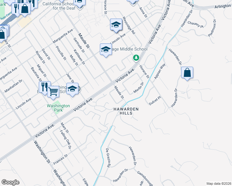 map of restaurants, bars, coffee shops, grocery stores, and more near 2645 Kevin Court in Riverside