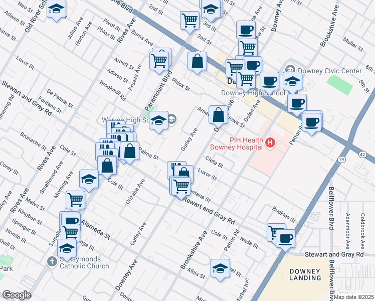 map of restaurants, bars, coffee shops, grocery stores, and more near 11736 Gurley Avenue in Downey
