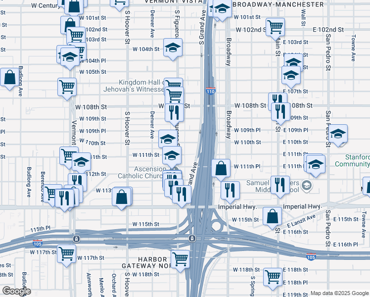 map of restaurants, bars, coffee shops, grocery stores, and more near 11106 South Figueroa Street in Los Angeles