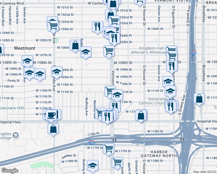map of restaurants, bars, coffee shops, grocery stores, and more near 11100 South New Hampshire Avenue in Los Angeles