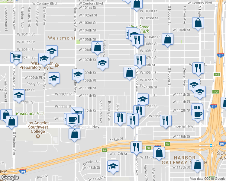 map of restaurants, bars, coffee shops, grocery stores, and more near 1104 West 111th Street in Los Angeles