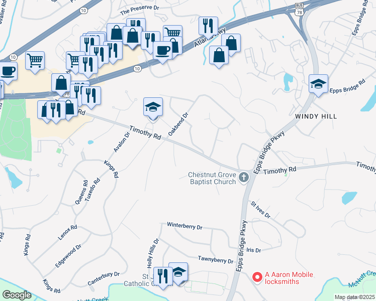 map of restaurants, bars, coffee shops, grocery stores, and more near 1771 Timothy Road in Athens