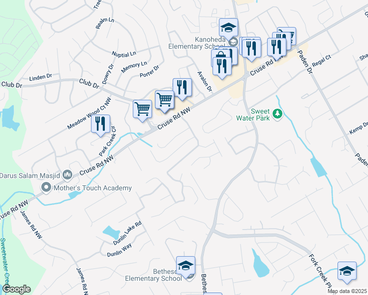 map of restaurants, bars, coffee shops, grocery stores, and more near 2860 Camelot Woods Drive Northwest in Lawrenceville