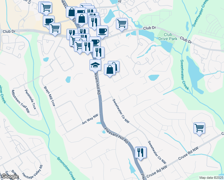 map of restaurants, bars, coffee shops, grocery stores, and more near 1254 Sweetwater Circle Northwest in Lawrenceville