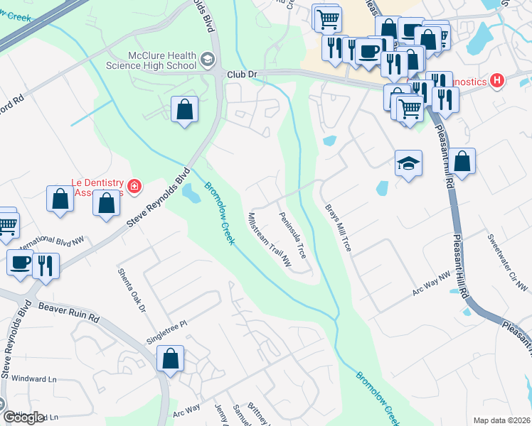 map of restaurants, bars, coffee shops, grocery stores, and more near 1479 Millstream Trail Northwest in Lawrenceville