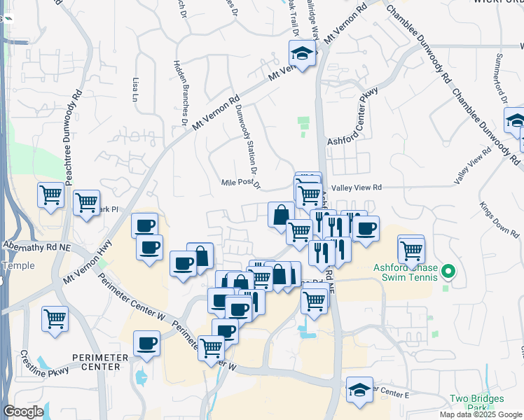 map of restaurants, bars, coffee shops, grocery stores, and more near 8313 Ashford Gables Drive in Atlanta