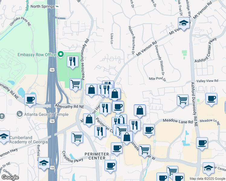 map of restaurants, bars, coffee shops, grocery stores, and more near 1155 Mount Vernon Highway in Atlanta