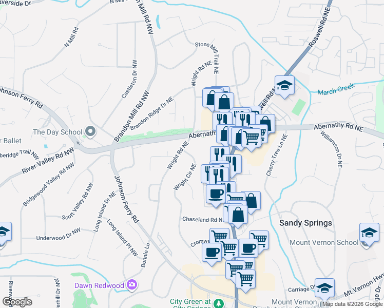 map of restaurants, bars, coffee shops, grocery stores, and more near 6585 Wright Circle Northeast in Atlanta