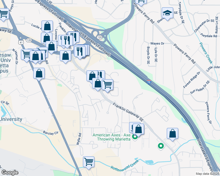 map of restaurants, bars, coffee shops, grocery stores, and more near 739 Franklin Gateway Southeast in Marietta