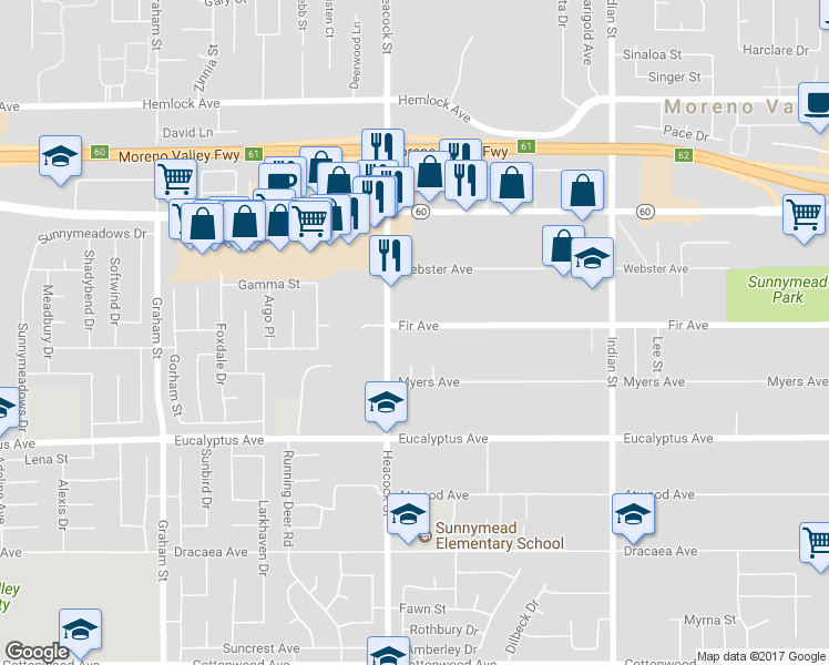 map of restaurants, bars, coffee shops, grocery stores, and more near 24047 Fir Avenue in Moreno Valley