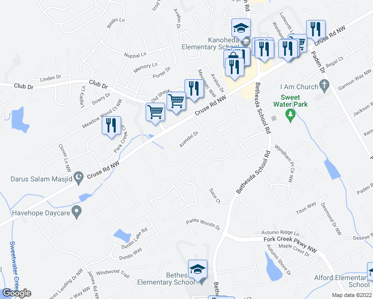 map of restaurants, bars, coffee shops, grocery stores, and more near 2885 Camelot Woods Drive Northwest in Lawrenceville