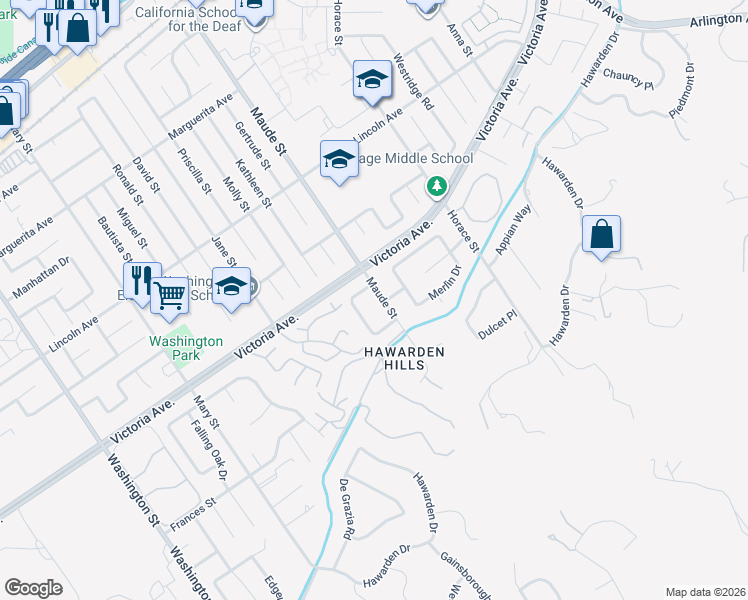 map of restaurants, bars, coffee shops, grocery stores, and more near 2645 Kevin Court in Riverside