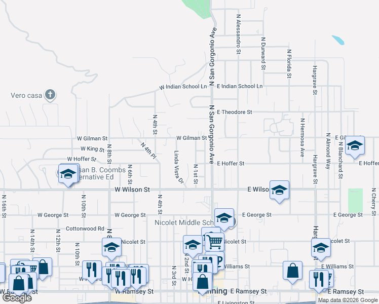 map of restaurants, bars, coffee shops, grocery stores, and more near 1001 North 1st Street in Banning