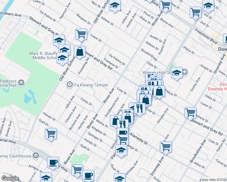 map of restaurants, bars, coffee shops, grocery stores, and more near 12037 Smallwood Avenue in Downey