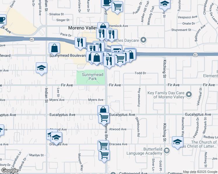 map of restaurants, bars, coffee shops, grocery stores, and more near in Moreno Valley