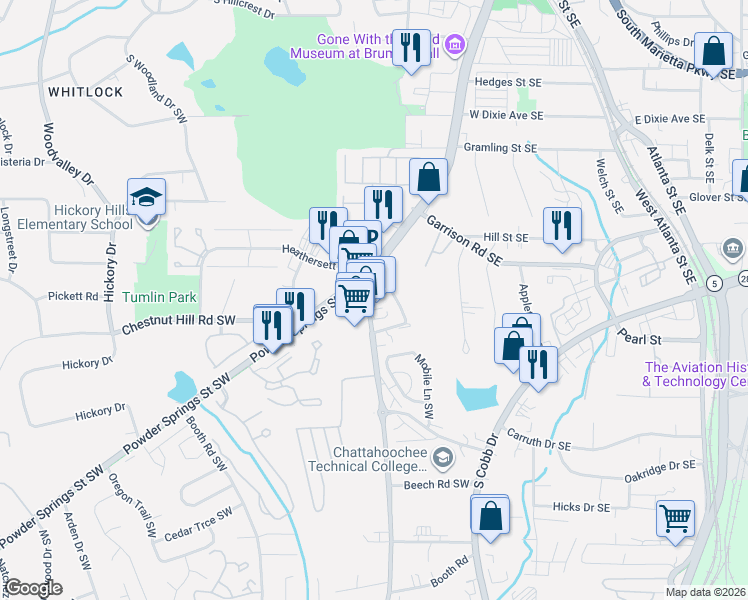 map of restaurants, bars, coffee shops, grocery stores, and more near 715 Sandtown Road Southwest in Marietta