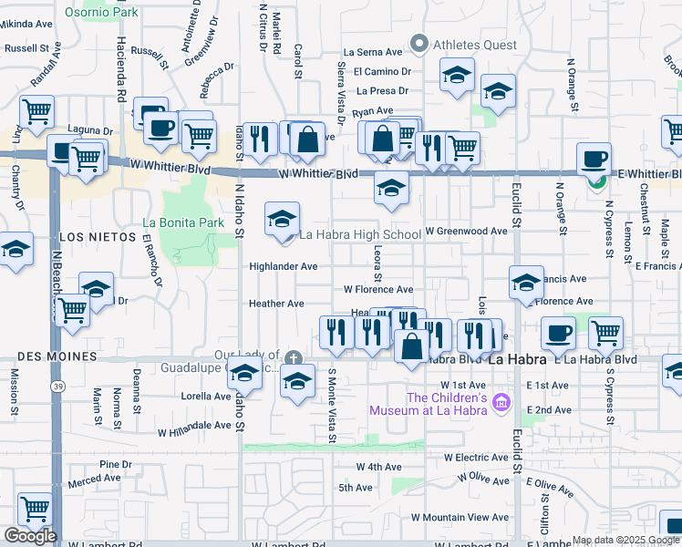 map of restaurants, bars, coffee shops, grocery stores, and more near 720 Highlander Avenue in La Habra