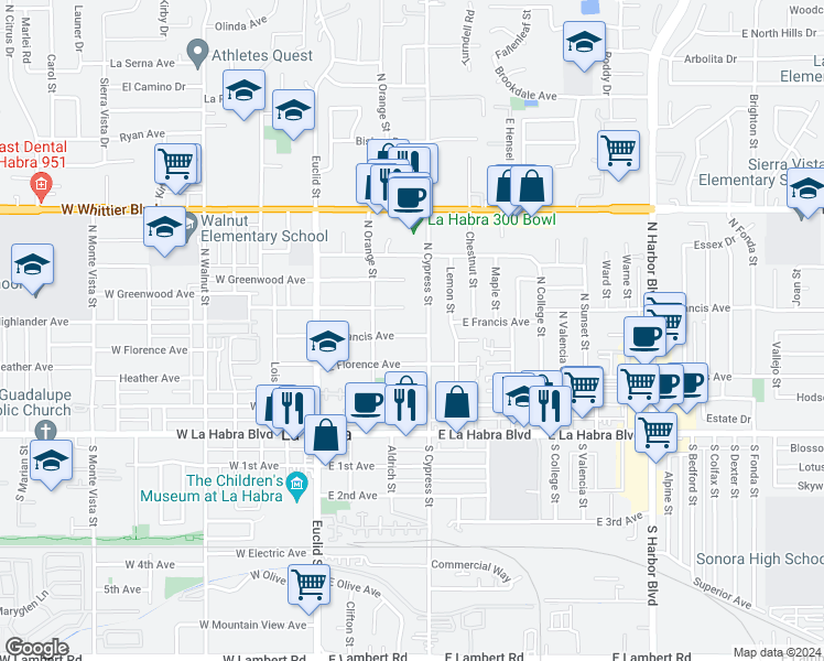 map of restaurants, bars, coffee shops, grocery stores, and more near 335 East Francis Avenue in La Habra