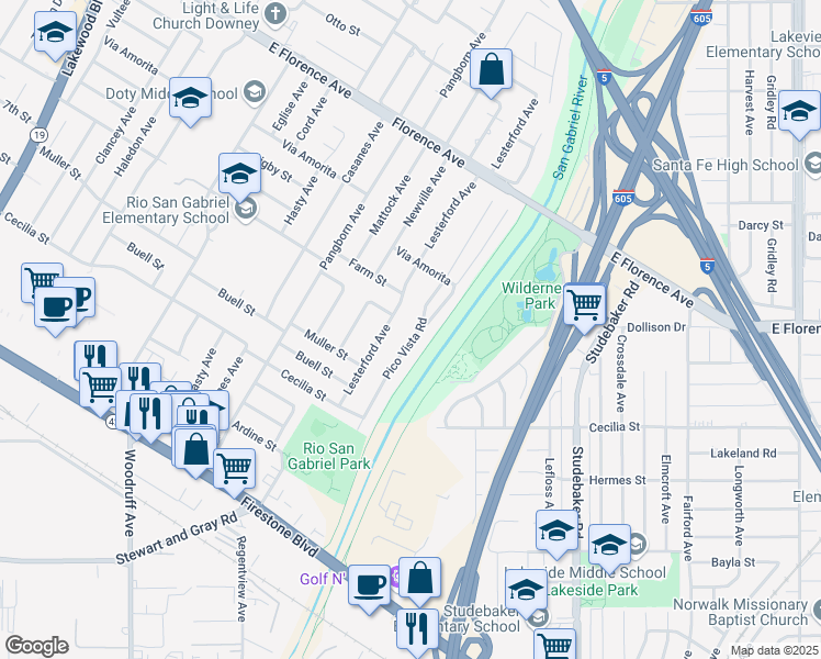 map of restaurants, bars, coffee shops, grocery stores, and more near 10473 Pico Vista Road in Downey