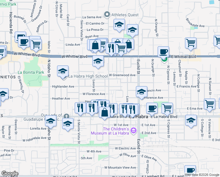 map of restaurants, bars, coffee shops, grocery stores, and more near 450 North Walnut Street in La Habra