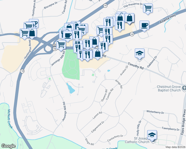 map of restaurants, bars, coffee shops, grocery stores, and more near 2035 Timothy Road in Athens