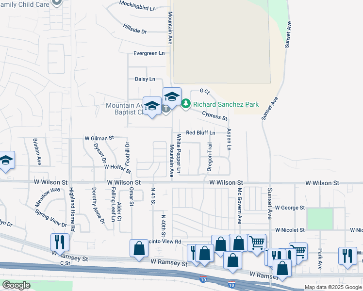 map of restaurants, bars, coffee shops, grocery stores, and more near 3878 Palm Drive in Banning
