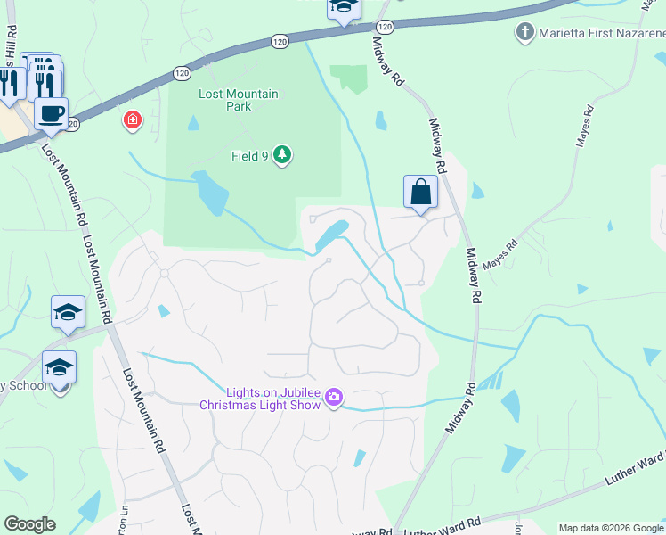 map of restaurants, bars, coffee shops, grocery stores, and more near 750 White Blossom Court in Powder Springs