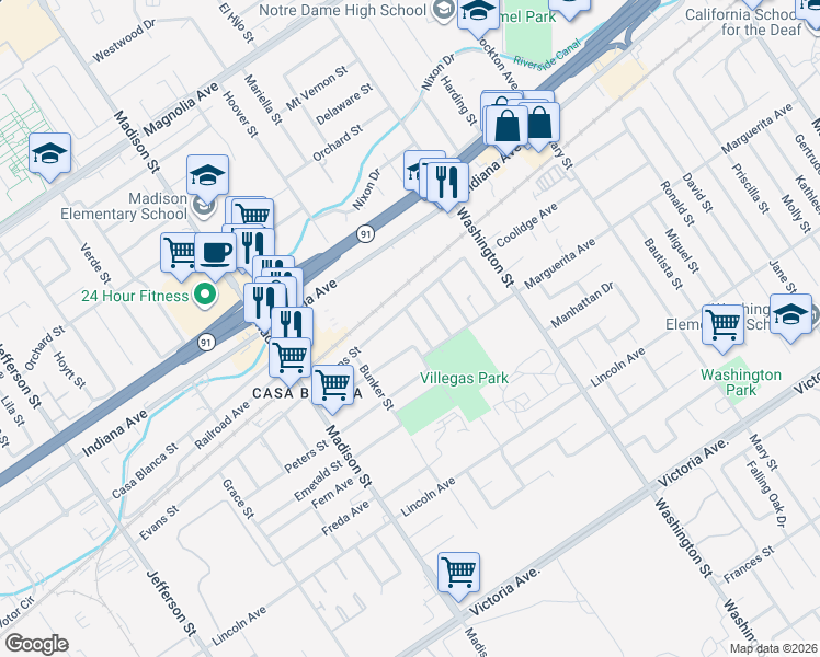 map of restaurants, bars, coffee shops, grocery stores, and more near 7273 Evans Street in Riverside