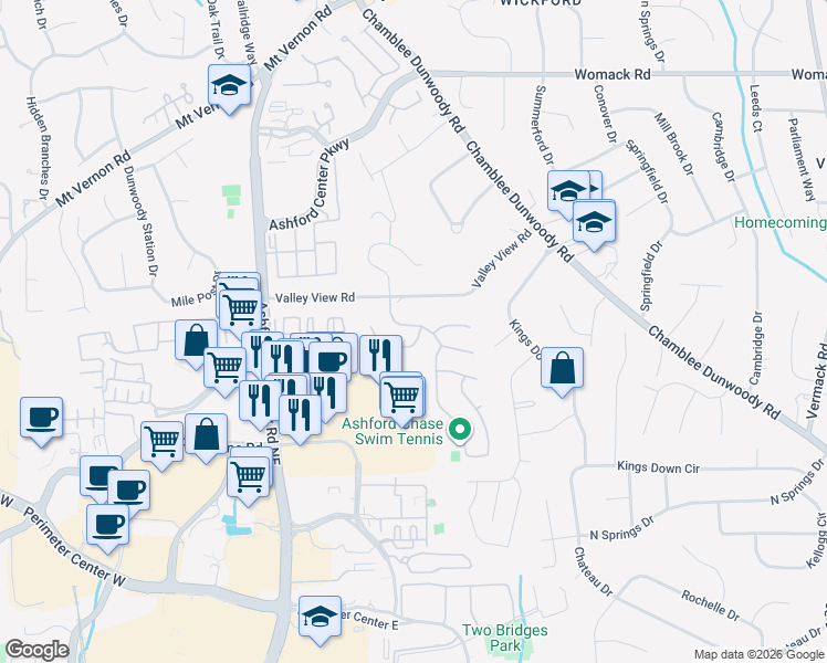 map of restaurants, bars, coffee shops, grocery stores, and more near 4738 Ashford Club Drive in Dunwoody