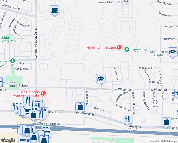 map of restaurants, bars, coffee shops, grocery stores, and more near 5233 West Gilman Street in Banning