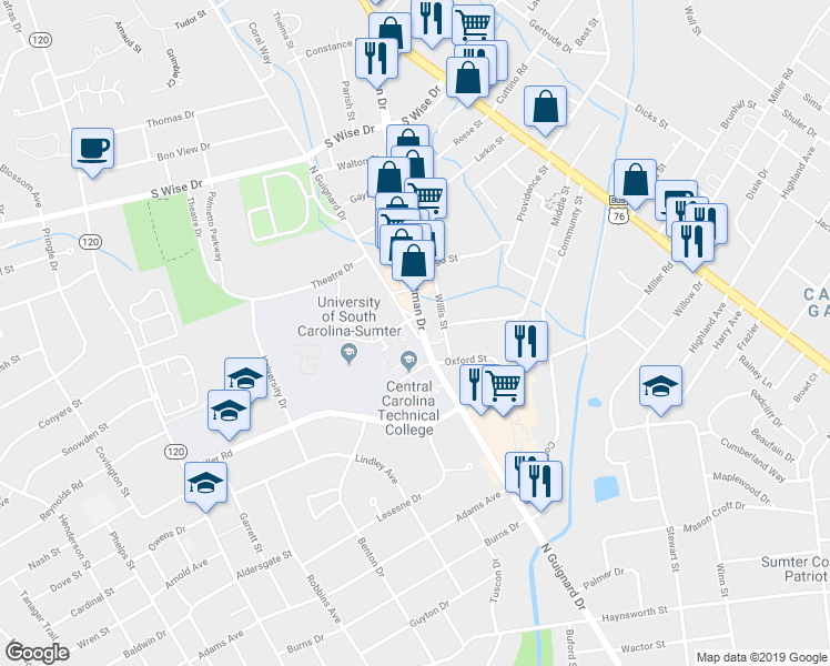 map of restaurants, bars, coffee shops, grocery stores, and more near 540 North Guignard Drive in Sumter