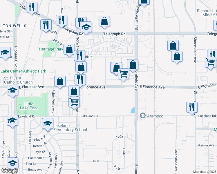 map of restaurants, bars, coffee shops, grocery stores, and more near 12418 Florence Avenue in Santa Fe Springs