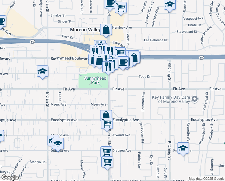 map of restaurants, bars, coffee shops, grocery stores, and more near in Moreno Valley