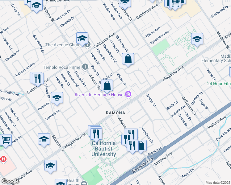 map of restaurants, bars, coffee shops, grocery stores, and more near 8235 Coleman Street in Riverside