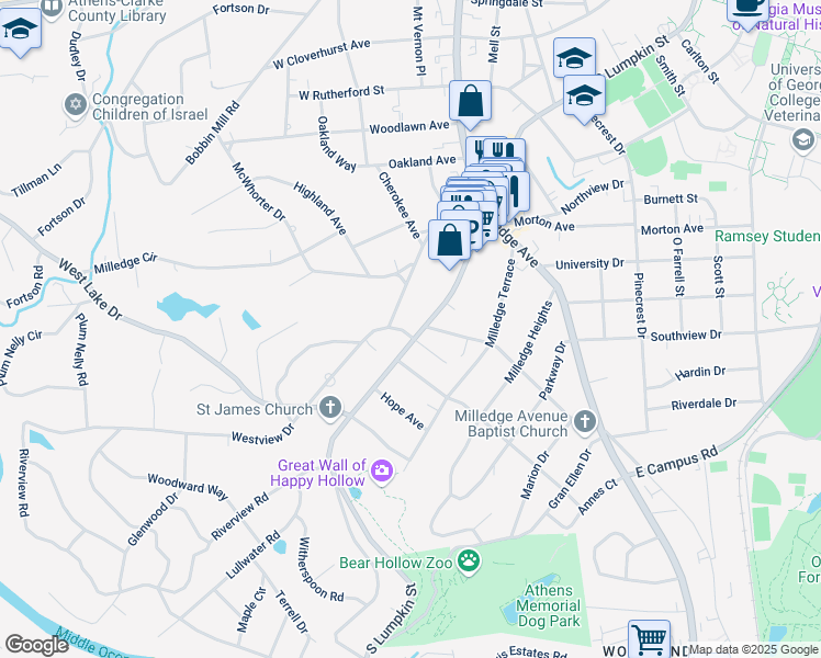 map of restaurants, bars, coffee shops, grocery stores, and more near 183 Westview Drive in Athens