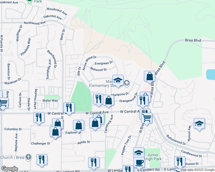 map of restaurants, bars, coffee shops, grocery stores, and more near 1082 Lynwood Drive in Brea