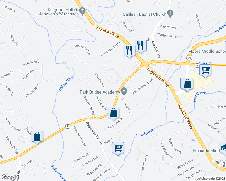 map of restaurants, bars, coffee shops, grocery stores, and more near 4194 Windale Drive Northwest in Lawrenceville